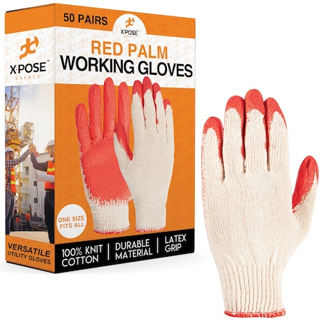 Xpose Safety Palm Working Gloves, Cotton/Latex, Red, 50 PK RPG-50-X